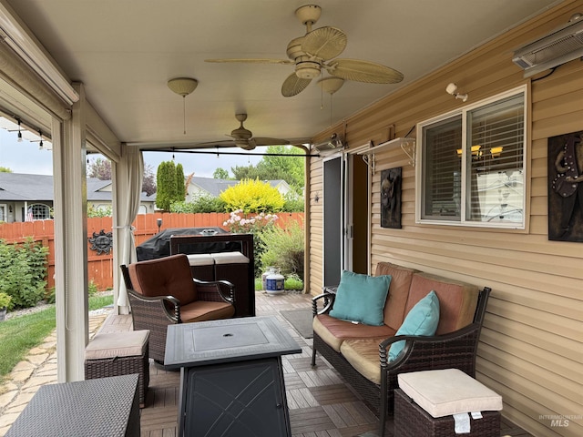 3485 N Chatterton Ave, Boise, ID 83713 - view of patio / terrace featuring an outdoor living space with a fire pit, a ceiling fan, and a deck