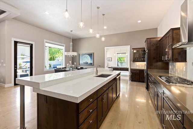 4307 W Briar Rock Ct, Eagle, ID 83616 - kitchen featuring a sink, stainless steel appliances, wall chimney range hood, a center island with sink, and dark brown cabinetry