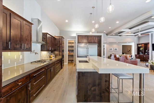 4307 W Briar Rock Ct, Eagle, ID 83616 - kitchen with stainless steel appliances, wall chimney range hood, tasteful backsplash, a large island with sink, and a sink