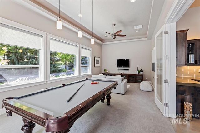 4307 W Briar Rock Ct, Eagle, ID 83616 - recreation room featuring billiards table, a tray ceiling, ceiling fan, carpet floors, and recessed lighting