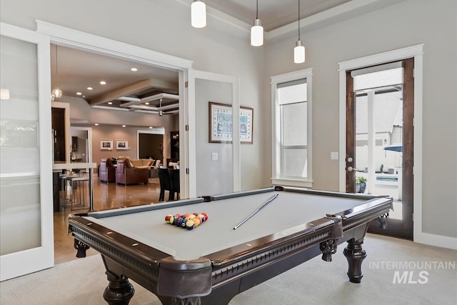 4307 W Briar Rock Ct, Eagle, ID 83616 - game room featuring carpet floors, billiards, recessed lighting, and beamed ceiling