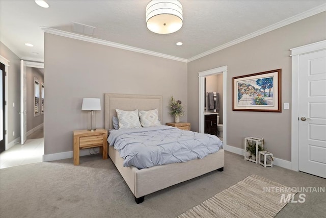4307 W Briar Rock Ct, Eagle, ID 83616 - bedroom with light colored carpet, crown molding, baseboards, recessed lighting, and connected bathroom