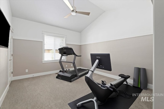 4307 W Briar Rock Ct, Eagle, ID 83616 - workout area featuring vaulted ceiling, a ceiling fan, carpet flooring, and baseboards