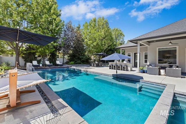 4307 W Briar Rock Ct, Eagle, ID 83616 - view of swimming pool featuring a patio, an outdoor living space, and ceiling fan