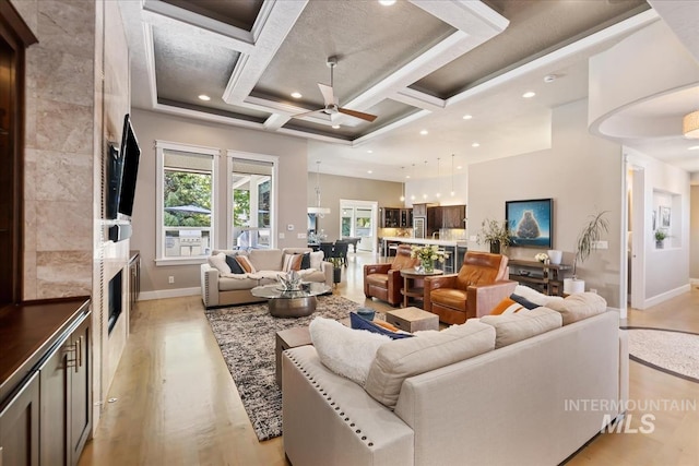 4307 W Briar Rock Ct, Eagle, ID 83616 - living area featuring baseboards, a ceiling fan, light wood-style floors, recessed lighting, and coffered ceiling