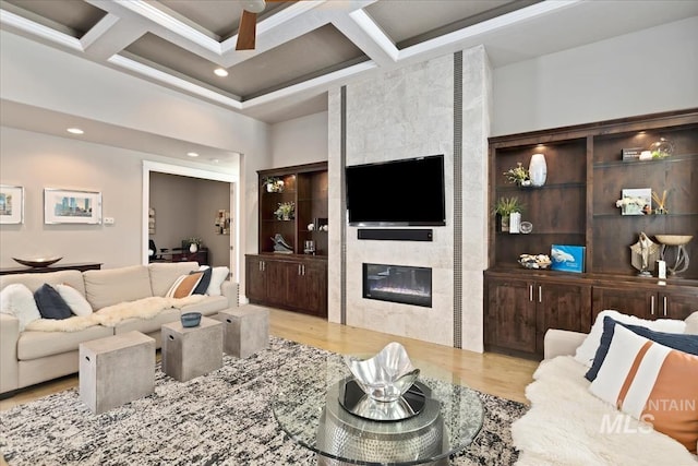 4307 W Briar Rock Ct, Eagle, ID 83616 - living room with coffered ceiling, a fireplace, wood finished floors, recessed lighting, and beamed ceiling