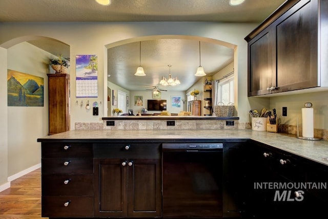 kitchen with light wood-type flooring, pendant lighting, a peninsula, dark brown cabinets, and dishwasher