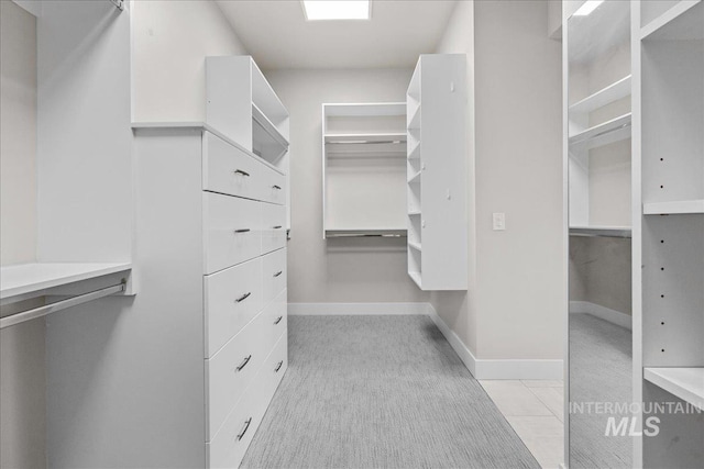 walk in closet with light colored carpet