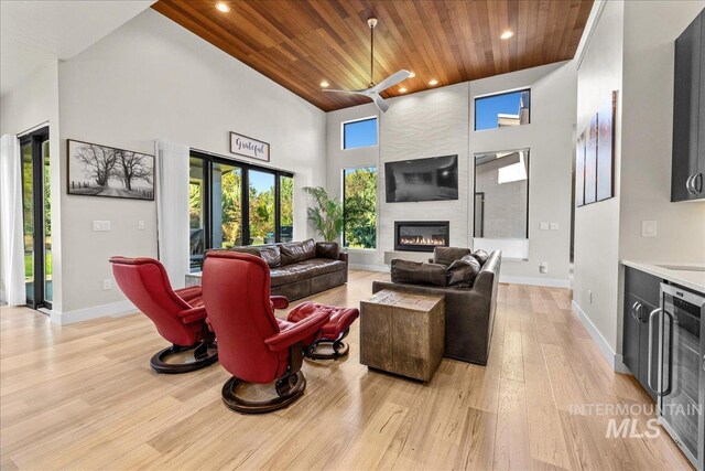 living room featuring ceiling fan, light wood-type flooring, wood ceiling, high vaulted ceiling, and a fireplace