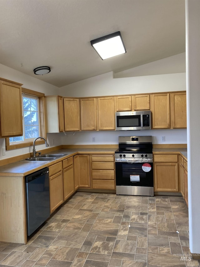 kitchen featuring appliances with stainless steel finishes, stone finish floor, vaulted ceiling, and a sink