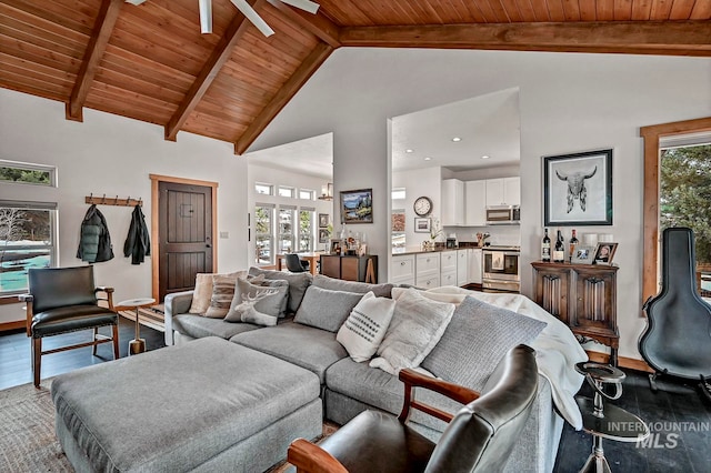 living room featuring a healthy amount of sunlight, beamed ceiling, and wood ceiling