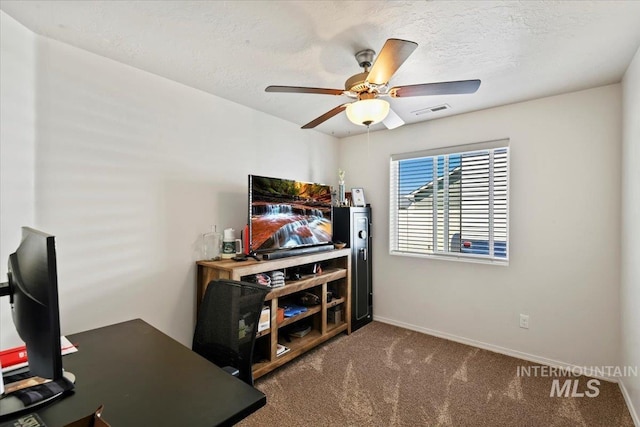 5416 Junegrass Way, Caldwell, ID 83607 - office featuring ceiling fan, carpet flooring, baseboards, and a textured ceiling