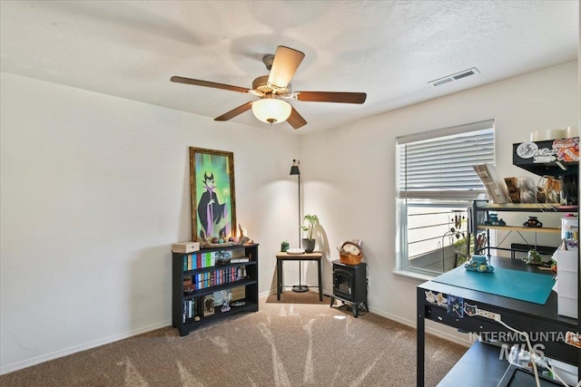5416 Junegrass Way, Caldwell, ID 83607 - home office with a wood stove, ceiling fan, carpet flooring, and baseboards