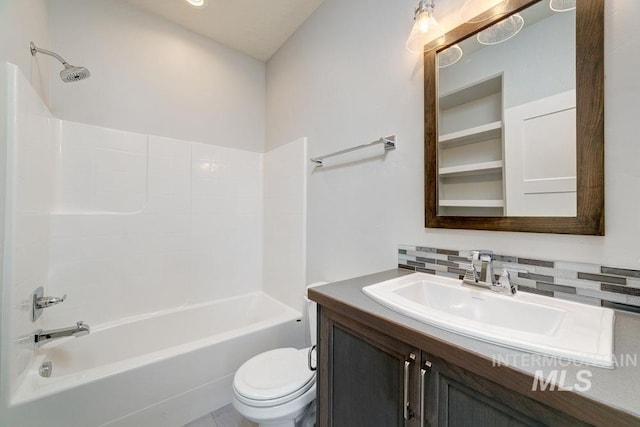 full bathroom with tasteful backsplash, toilet, shower / tub combination, and vanity