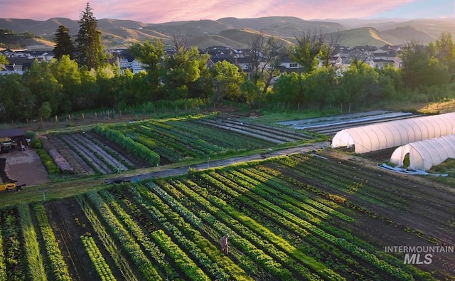 yard at dusk with a mountain view and a rural view