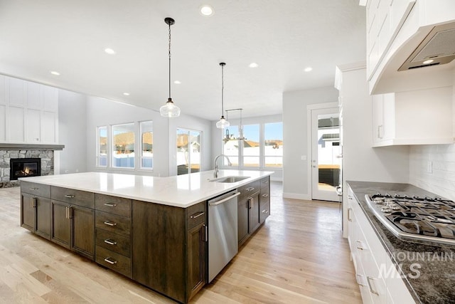 kitchen with white cabinetry, stainless steel appliances, light wood finished floors, and a sink