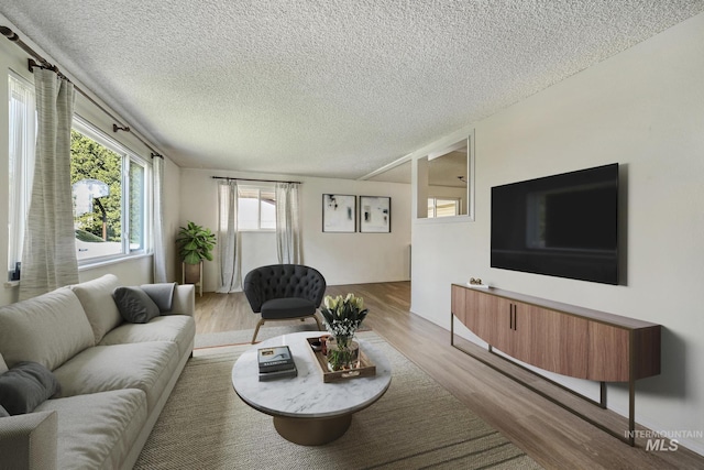 living room featuring a textured ceiling and light wood-type flooring