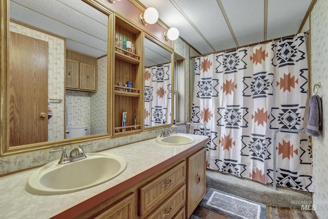 full bathroom featuring vanity, toilet, and shower / tub combo with curtain