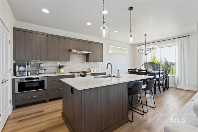 18245 N Arch Haven Way, Nampa, ID 83687 - kitchen with a sink, stainless steel oven, under cabinet range hood, light countertops, and a kitchen bar