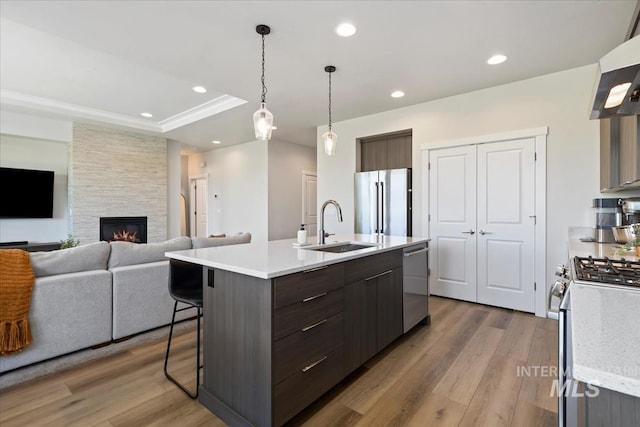 18245 N Arch Haven Way, Nampa, ID 83687 - kitchen with appliances with stainless steel finishes, a sink, light countertops, wood finished floors, and dark brown cabinetry