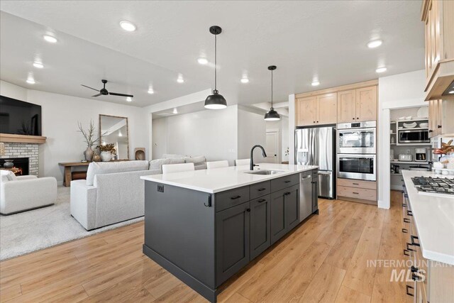 kitchen with a fireplace, stainless steel appliances, open floor plan, a sink, and light wood-type flooring