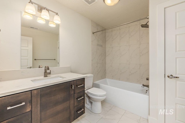 full bathroom featuring vanity, visible vents, shower / washtub combination, toilet, and marble finish floor