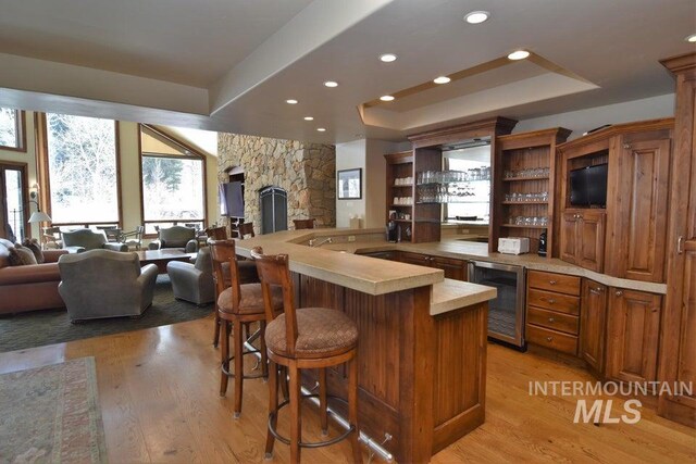 221 Picabo Street #D, Interest 1-H, Ketchum, ID 83340 - indoor wet bar with beverage cooler, a tray ceiling, light wood finished floors, and recessed lighting