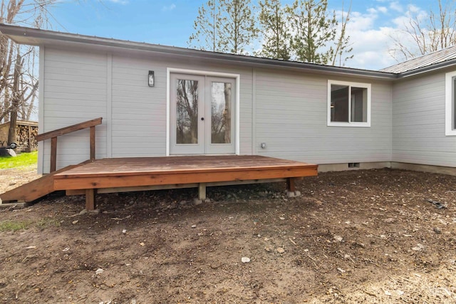 back of property featuring a deck, french doors, and crawl space