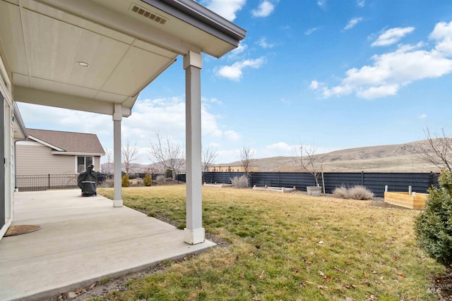 view of yard featuring a patio and a fenced backyard