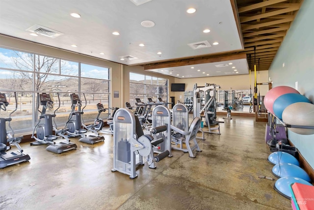 workout area with visible vents and recessed lighting