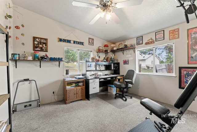 office space featuring a ceiling fan, a textured ceiling, light colored carpet, and vaulted ceiling