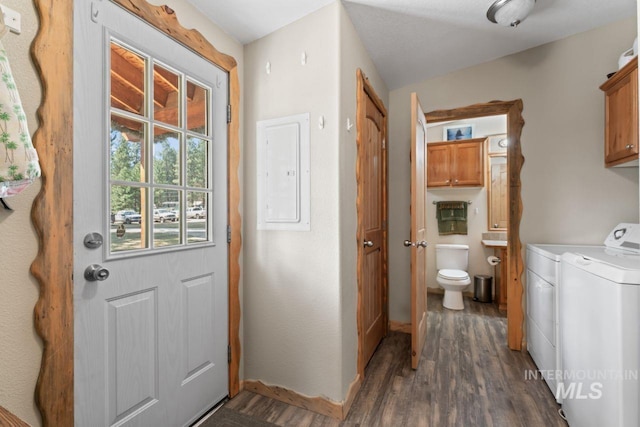 interior space featuring independent washer and dryer, cabinet space, dark wood-type flooring, and electric panel