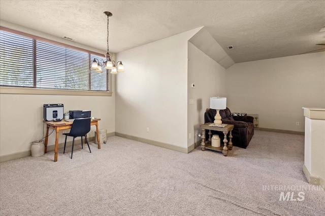 1063 Hitchcock St, Meridian, ID 83646 - home office with carpet floors, a textured ceiling, baseboards, and an inviting chandelier