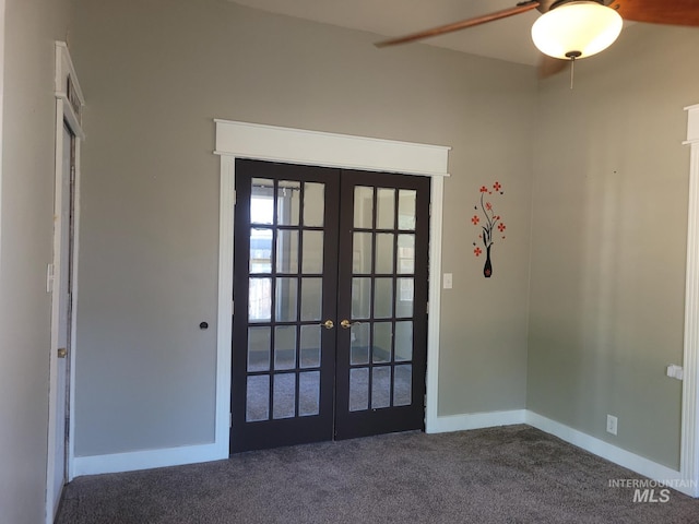 585 N 5th E, Mountain Home, ID 83647 - entryway featuring french doors, dark colored carpet, baseboards, and ceiling fan