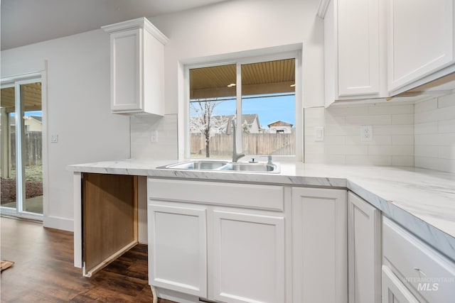 kitchen featuring light stone countertops, sink, dark wood-type flooring, tasteful backsplash, and white cabinets