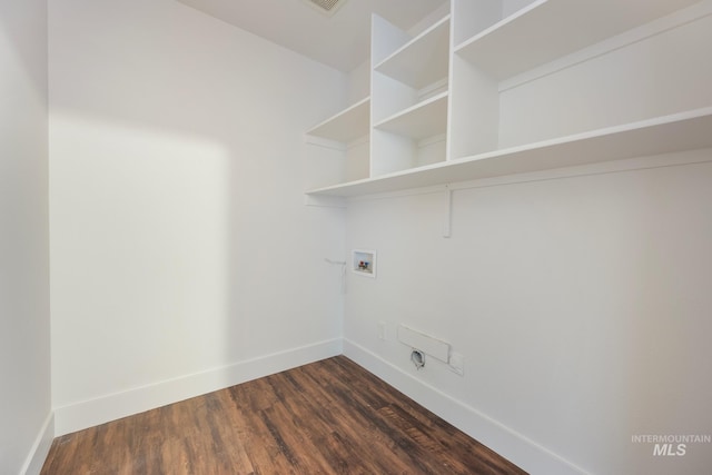 washroom with dark hardwood / wood-style floors and hookup for a washing machine