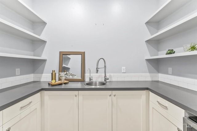 5001 S Twilight Mist Way, Meridian, ID 83642 - kitchen with open shelves, dark countertops, and white cabinets