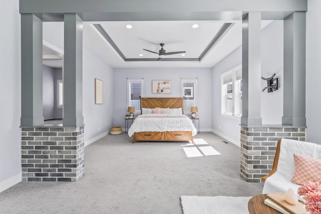 5001 S Twilight Mist Way, Meridian, ID 83642 - carpeted bedroom with multiple windows, a tray ceiling, recessed lighting, and a ceiling fan
