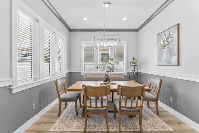 5001 S Twilight Mist Way, Meridian, ID 83642 - dining space with a chandelier, crown molding, light wood finished floors, and recessed lighting