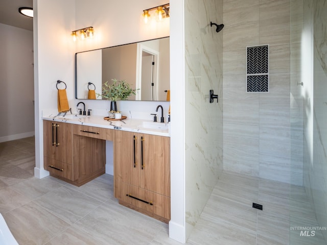 1590 N Watershed Ln, Star, ID 83669 - full bath with tiled shower, double vanity, baseboards, and tile patterned floors