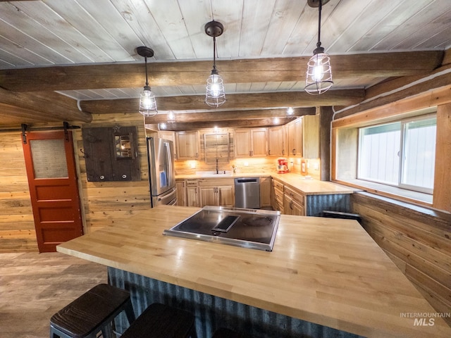 2263 Kilborn Ln, Mesa, ID 83632 - kitchen with butcher block counters, stainless steel appliances, a sink, dark wood-style floors, and wood walls