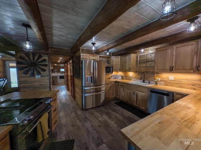 2263 Kilborn Ln, Mesa, ID 83632 - kitchen featuring wood counters, appliances with stainless steel finishes, a sink, dark wood-type flooring, and wood ceiling with exposed beams