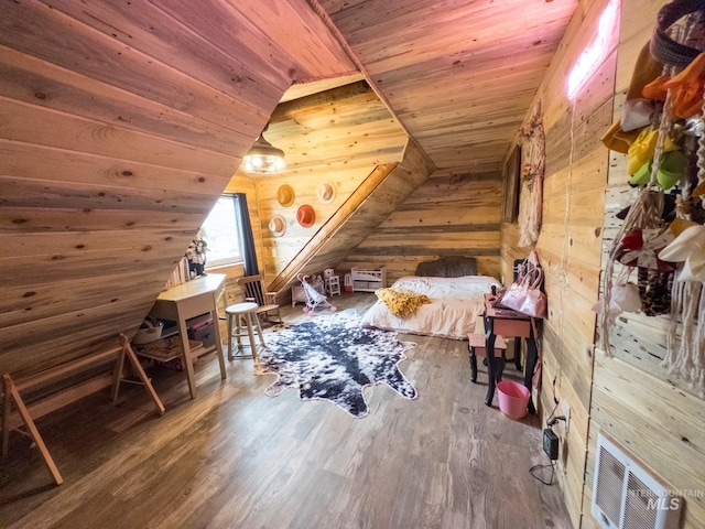 2263 Kilborn Ln, Mesa, ID 83632 - bedroom with wooden ceiling, wood walls, wood finished floors, and lofted ceiling