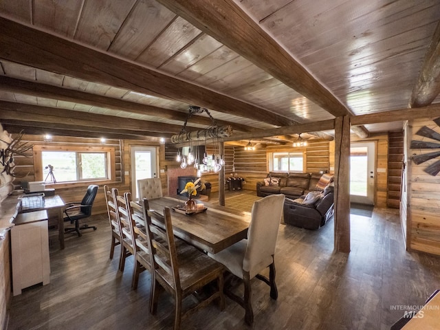 2263 Kilborn Ln, Mesa, ID 83632 - dining space featuring log walls, wood ceiling with exposed beams, dark wood finished floors, and a desk