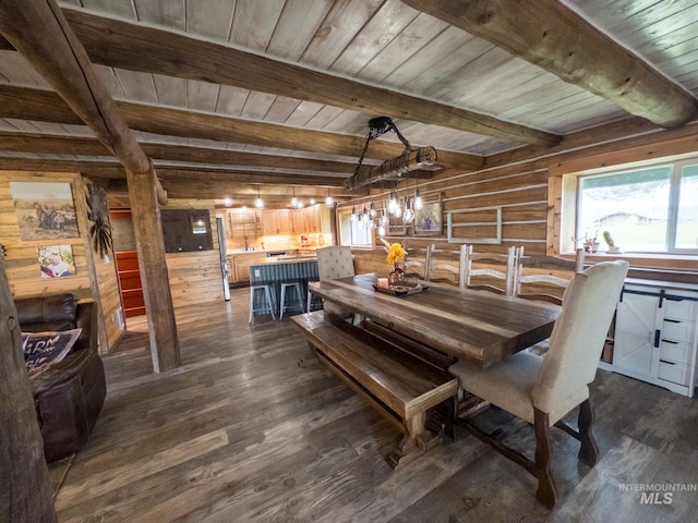 2263 Kilborn Ln, Mesa, ID 83632 - dining space with dark wood finished floors and wooden ceiling with exposed beams