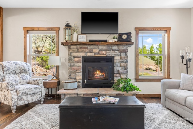 living area with wood-type flooring, a stone fireplace, and baseboards