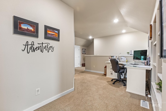 carpeted office featuring lofted ceiling, baseboards, and recessed lighting