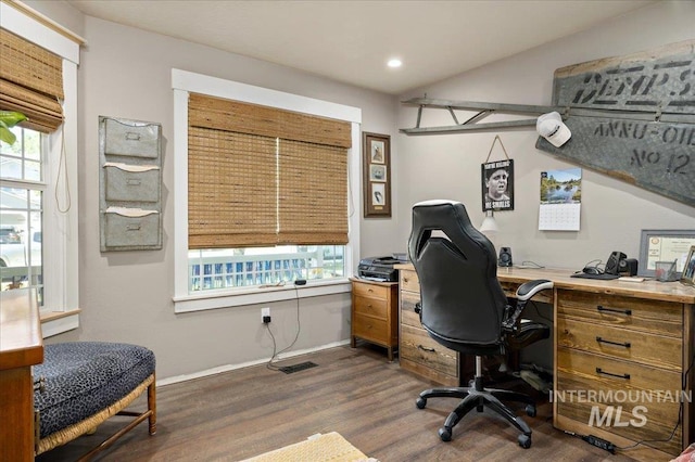 office with dark wood-type flooring, plenty of natural light, baseboards, and recessed lighting