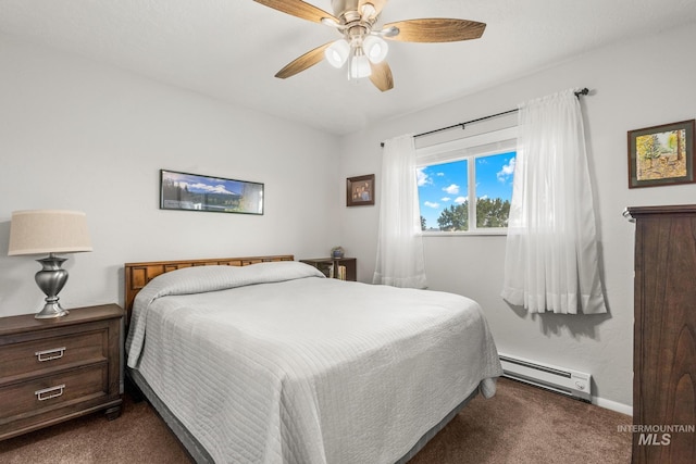 2208 Keithley Creek Rd, Midvale, ID 83645 - bedroom with a baseboard heating unit, dark carpet, and a ceiling fan