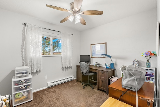2208 Keithley Creek Rd, Midvale, ID 83645 - home office featuring a baseboard radiator, ceiling fan, and carpet flooring